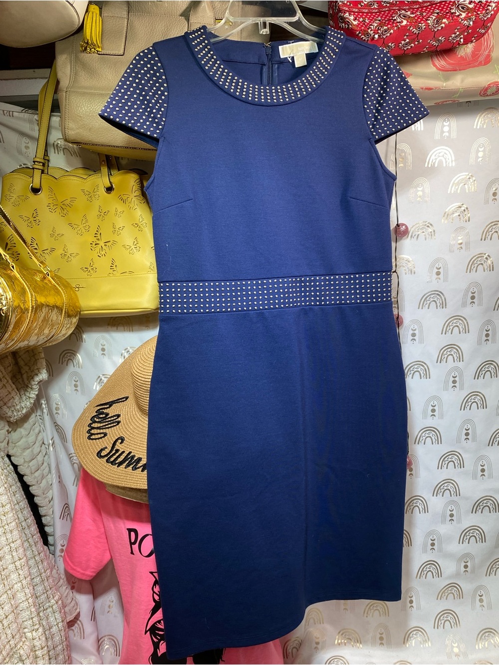 Michael Kors Navy Stud-Trim Short-Sleeve Midi Dress